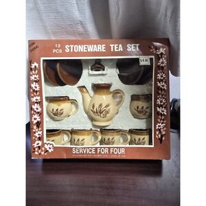 12 Piece Vintage Stoneware Mini Tea Set Wheat & Floral Pattern NIB Antique Toy